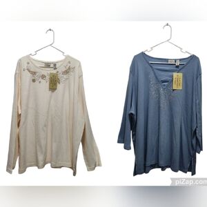 Classic Elements 2 Pc NEW Cream Embroidered Long Sleeve & Blue Embellished Tops